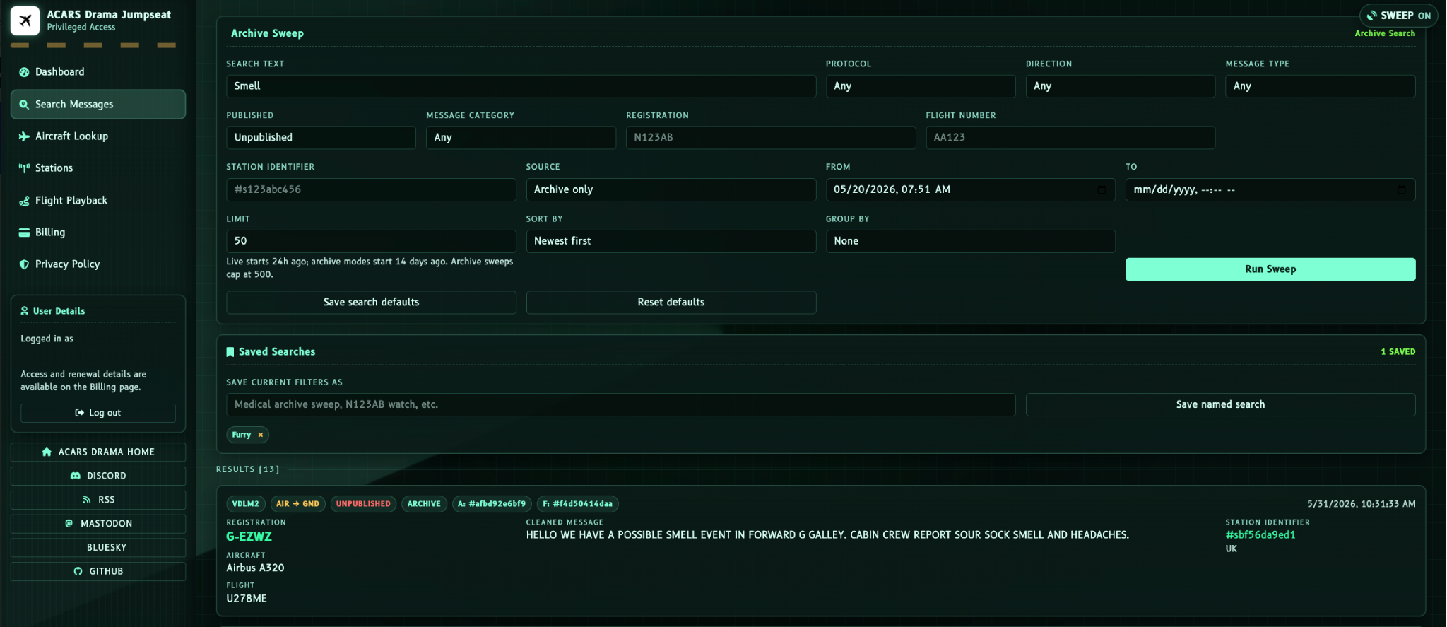 Archive Search screenshot from ACARS Drama Jumpseat